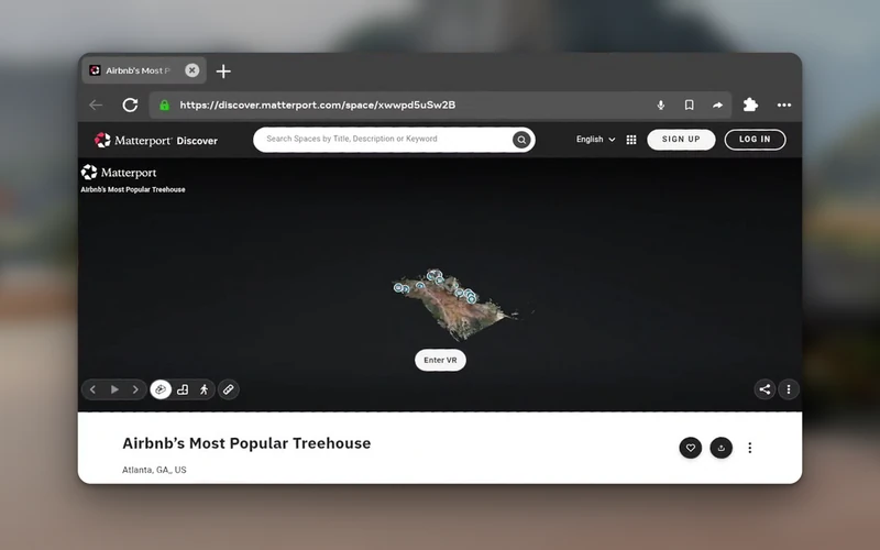 The Quest browser window in a Quest home environment, showing a Matterport 3D tour of a treehouse that OpenQR opened from a scanned code