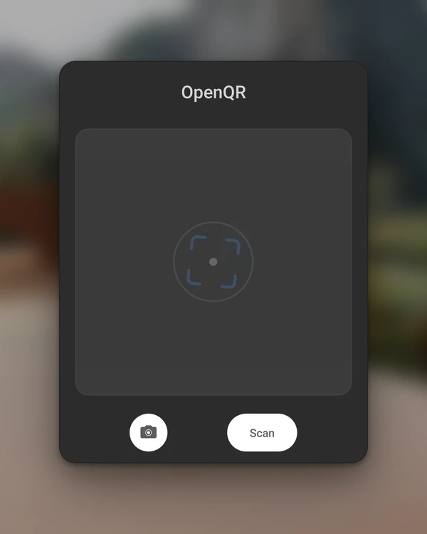 The OpenQR panel in a Quest home environment, with an empty scan area, a camera button and a Scan button
