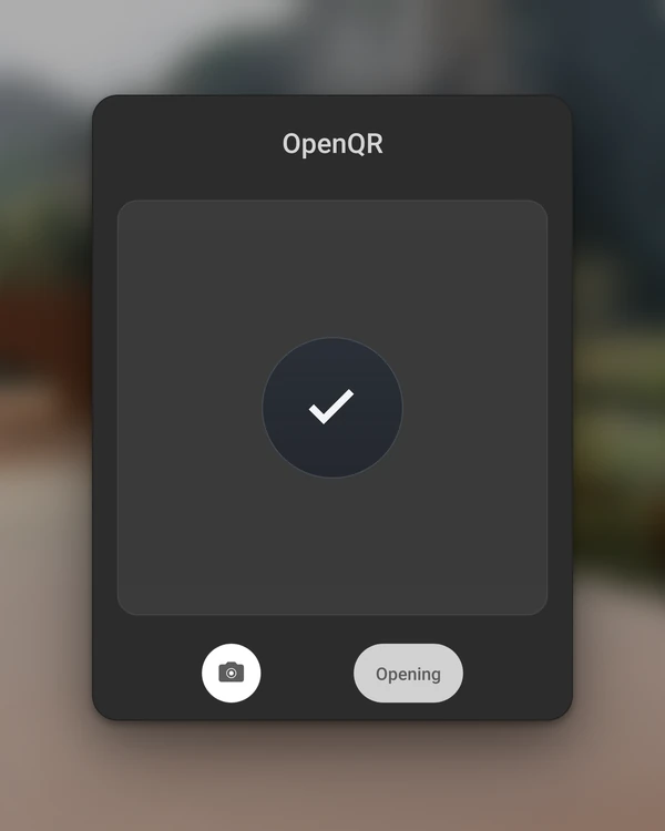 The OpenQR panel showing a tick and an Opening button after a successful scan